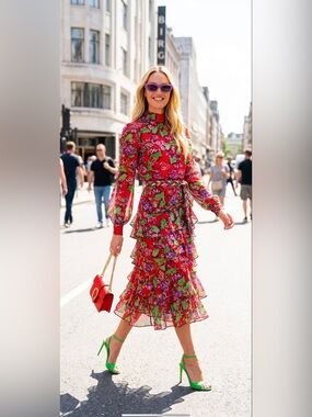 SALONI Red Silk Floral Shirtdress Mock Neck Tiered Ruffle Midi Dress XS 0